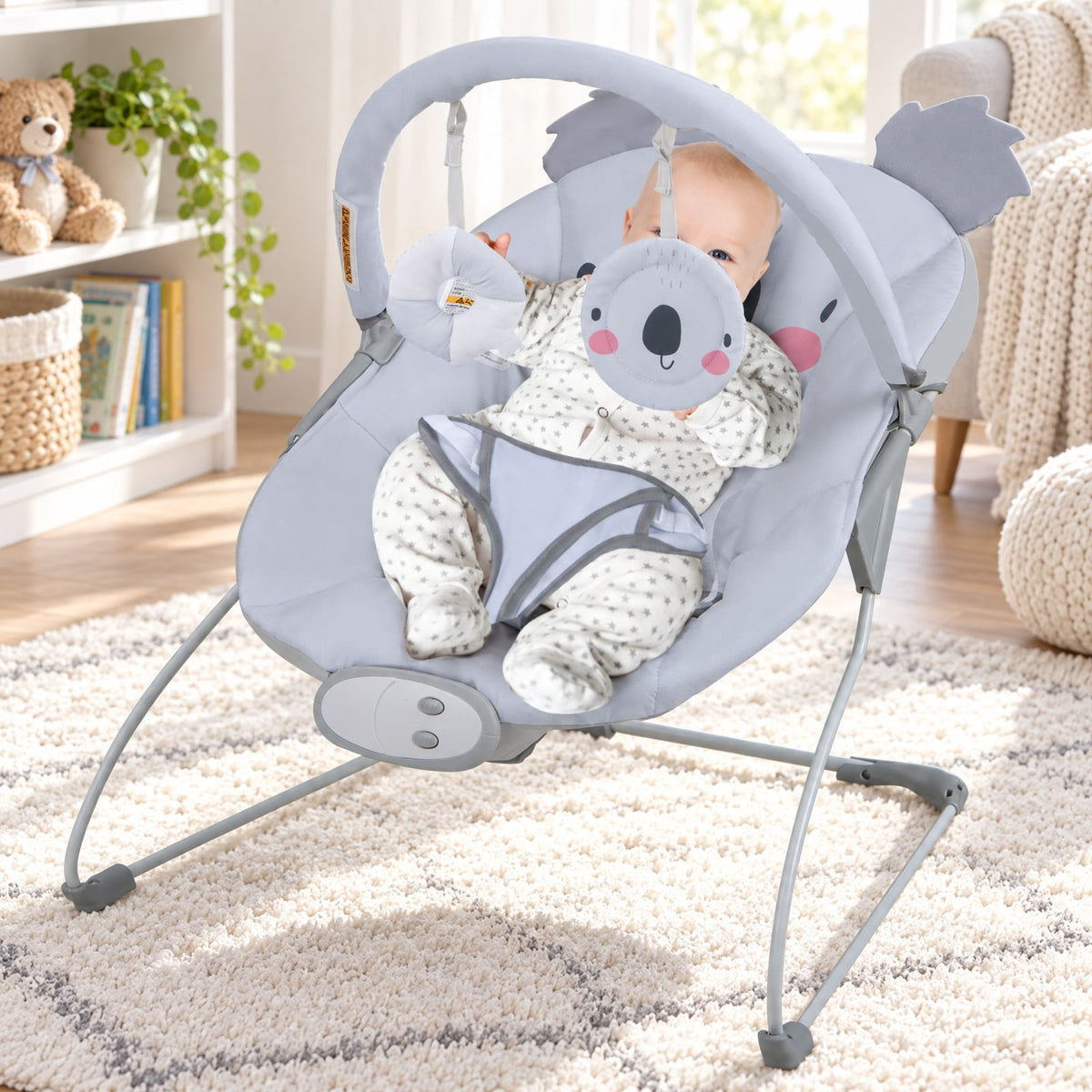 Airfind Portable Youth Bouncer Rocker Seat featuring Detachable Toy Bar, 20 lbs Capacity, Peach Velvet Fabric Polyester Metal ABS TPE Frame, Gray