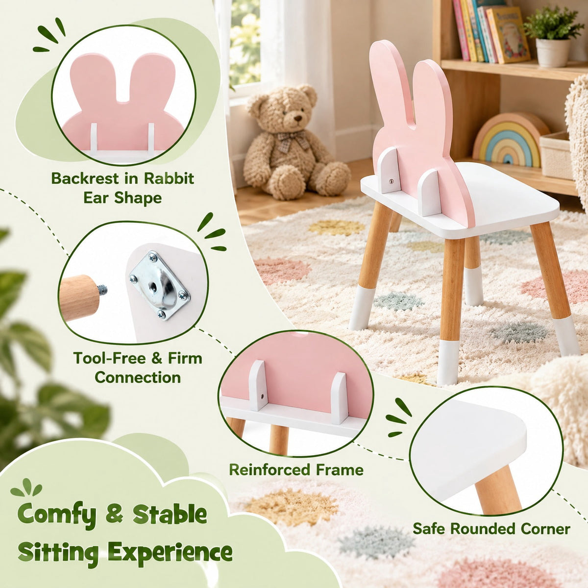Airfind Kids Vanity Table and Chair Set with Drawer Shelf and Rabbit Mirror, 66 lbs Capacity, MDF Beech Wood Frame, Pink