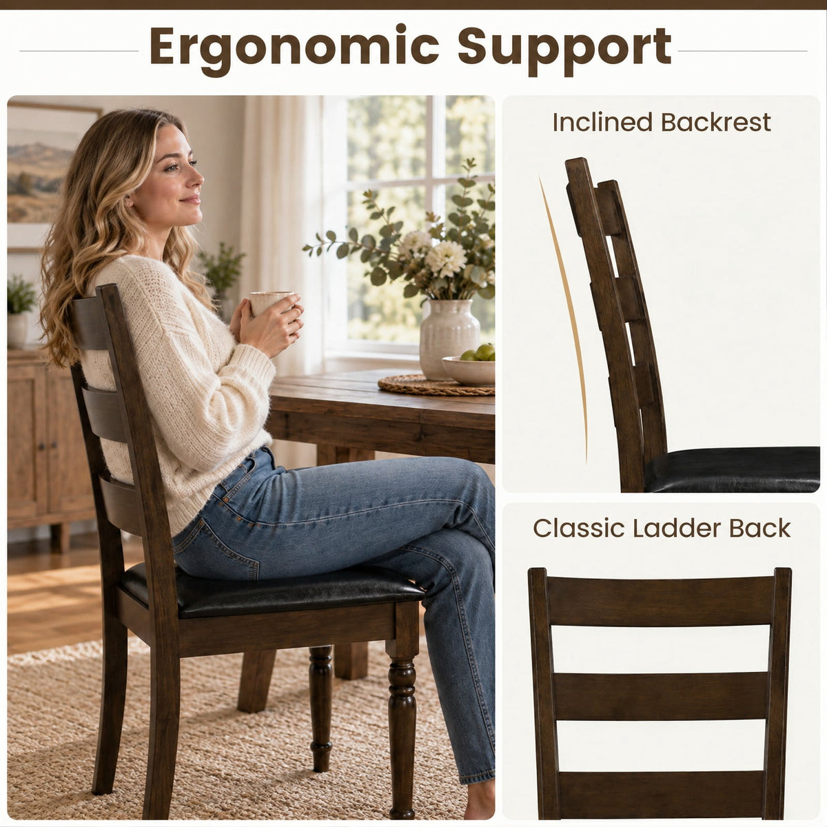 Airfind Farmhouse PU Leather Upholstered Dining Chairs Set of 2, Chair 330 lbs Capacity, Rubber Wood PU Leather Sponge Engineered Wood Frame, Brown