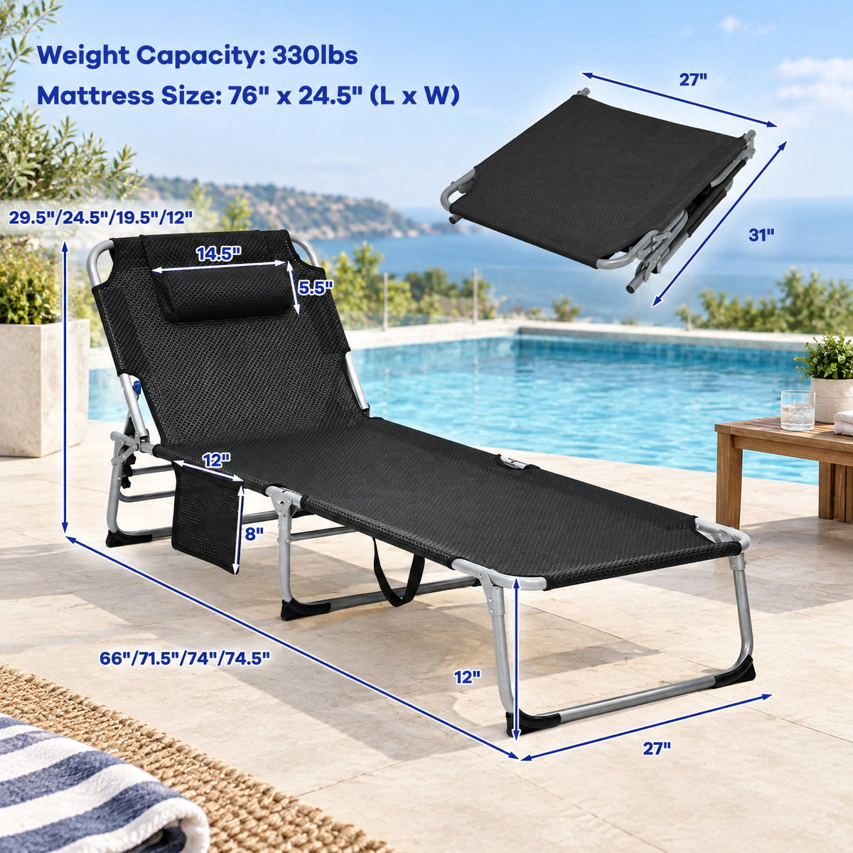 Airfind 4-Fold Oversize Padded Folding Lounge Chair with Removable Soft Mattress, 330lbs Capacity, Steel fabric sponge Frame, Black