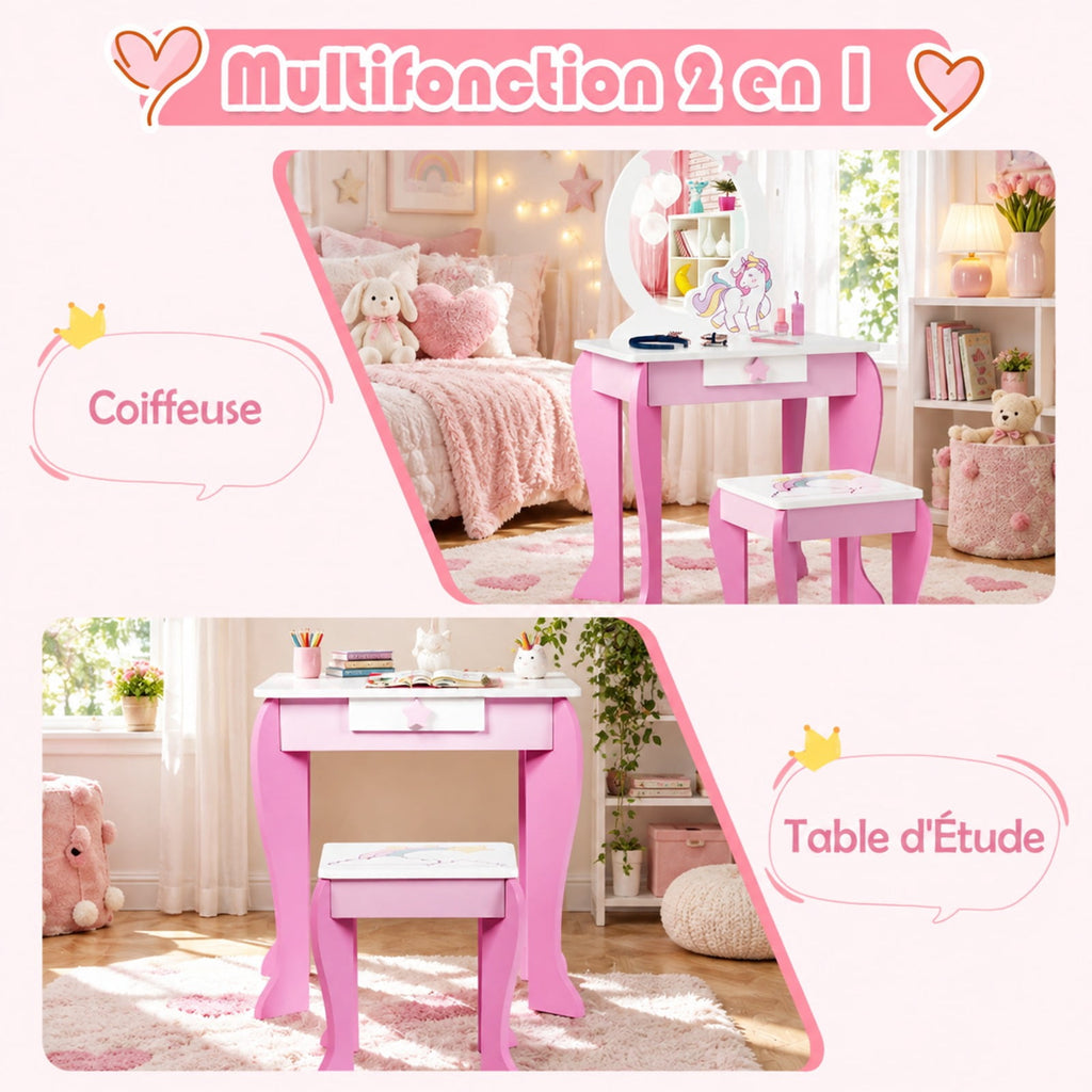 Airfind Kids Wooden Makeup Dressing Table and Chair Set with Mirror and Drawer, MDF Frame, 19 Inch x 14 Inch x 35 Inch Footprint, Pink