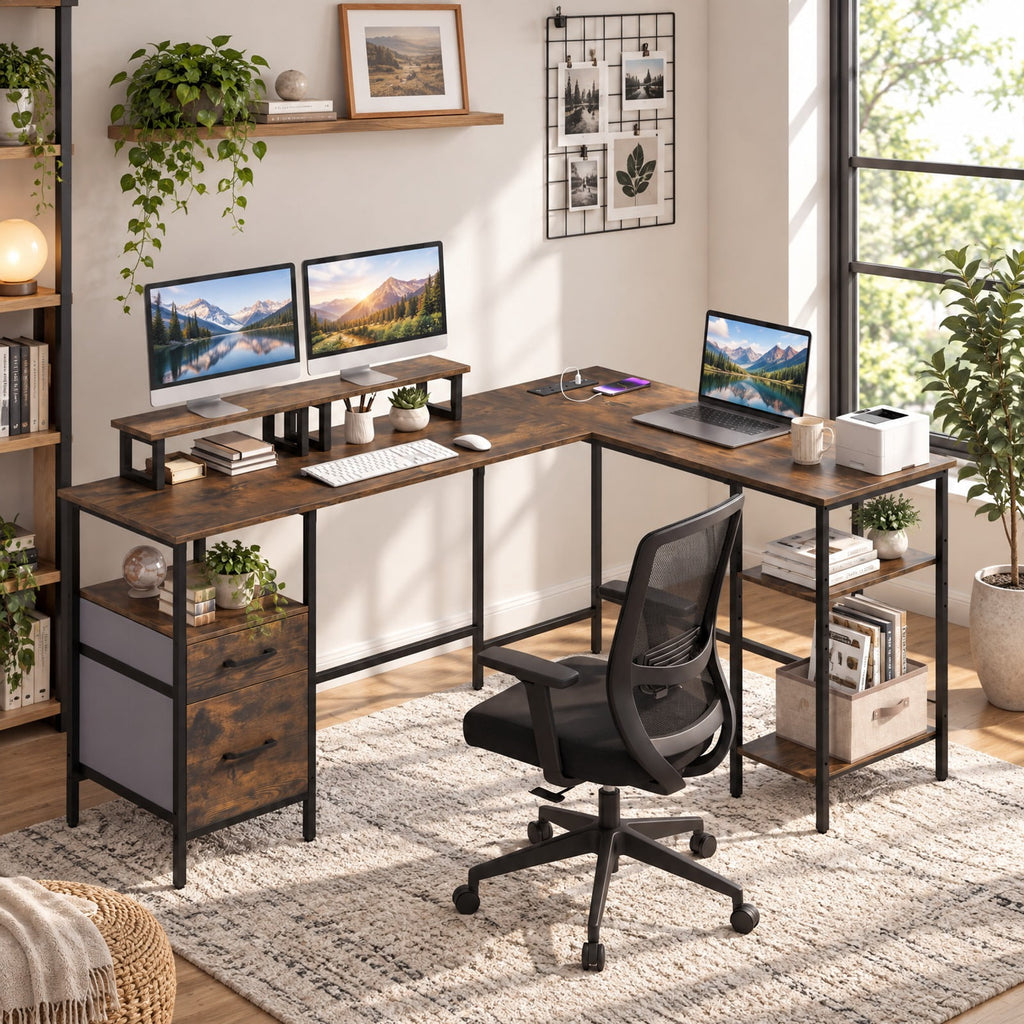 Airfind L Shaped Desk with Power Outlet Reversible Computer Desk with Monitor Stands, 155 lbs Capacity, Engineered Wood Metal Fabric Frame, Brown