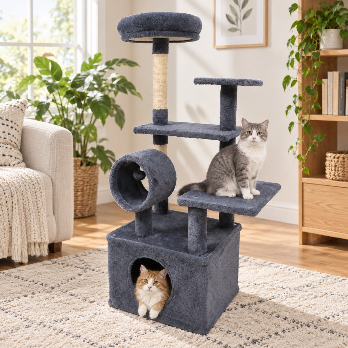 Airfind 48 Inches Tall Cat Tree Multi-Level Kitten Tower with Large Condo Padded Top Perch, Engineered Board Plush Sponge Jute Frame, Grey