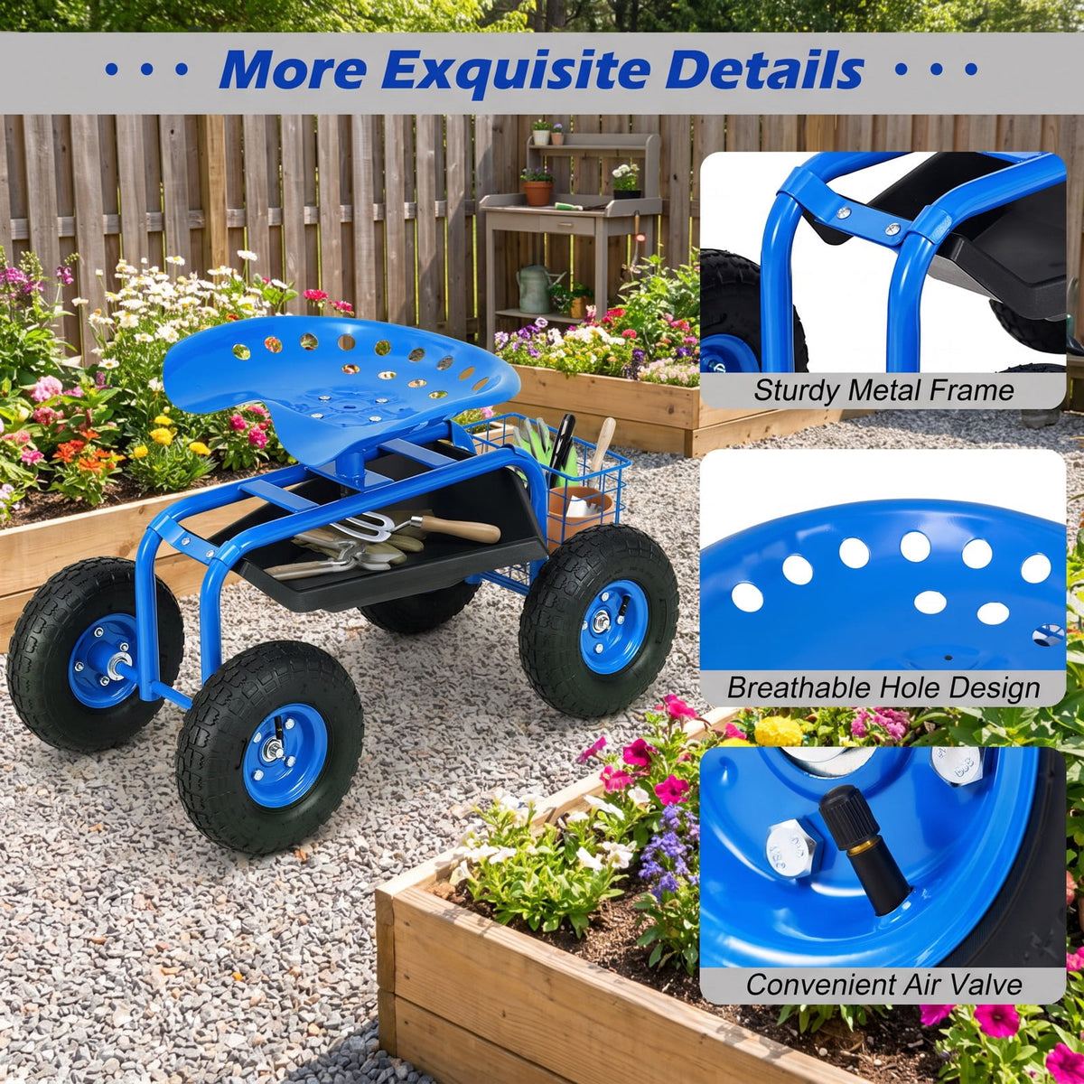Airfind Garden Cart with Heavy Duty Tool Tray, 33 x 16 x 22 Footprint, Blue, Height adjustable and 360 degrees of rotation