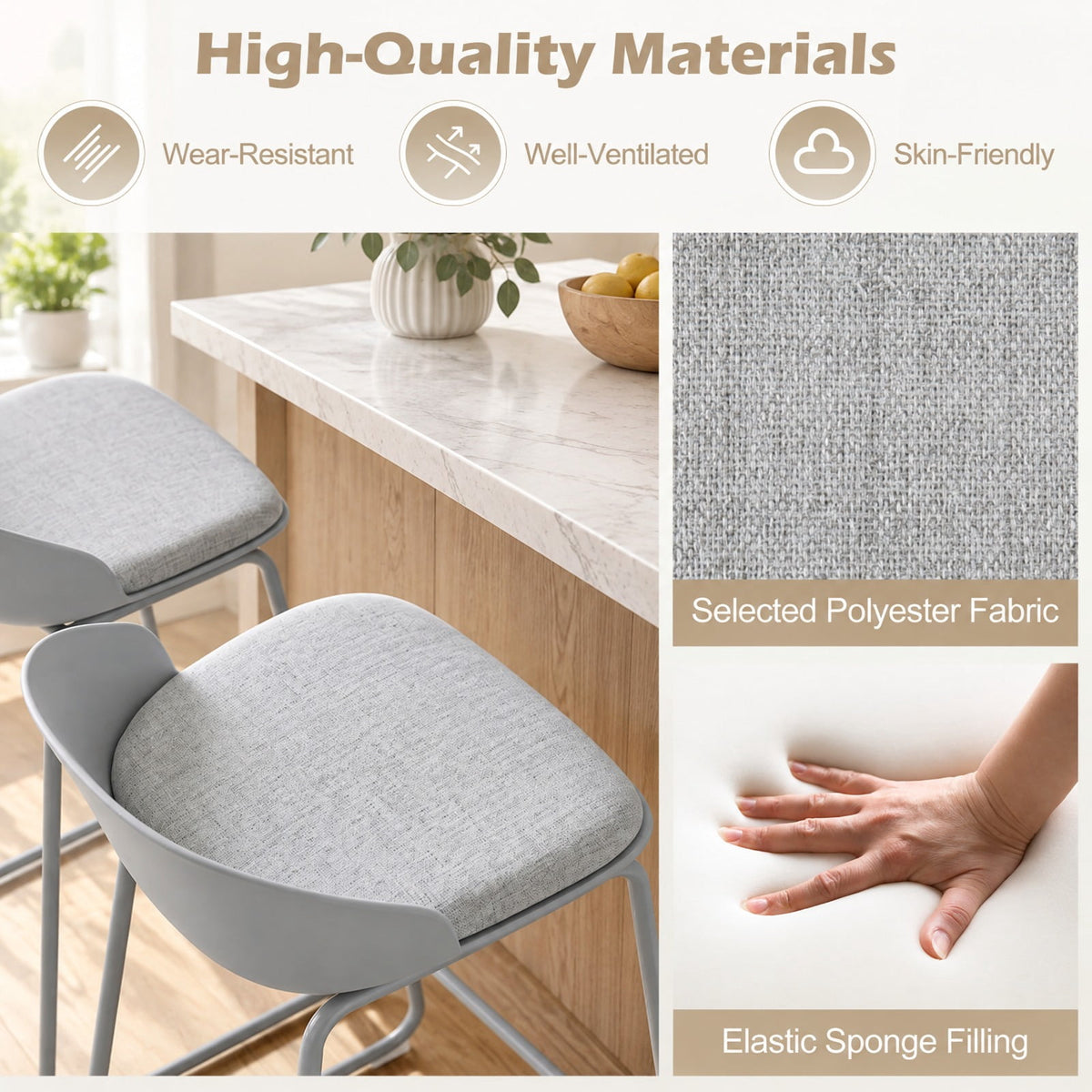 Airfind Counter Height Bar Stools, Set of 2, with Curved Backrest and Metal Frame for Kitchen Dining, 330 lbs Capacity, Gray