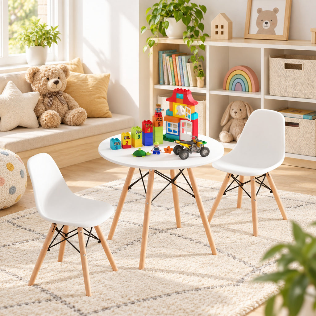 Airfind Kids Modern Dining Table Set with 2 Armless Chairs, 110 lbs Capacity, MDF PP beech wood and iron Frame, for 3-12years old, White