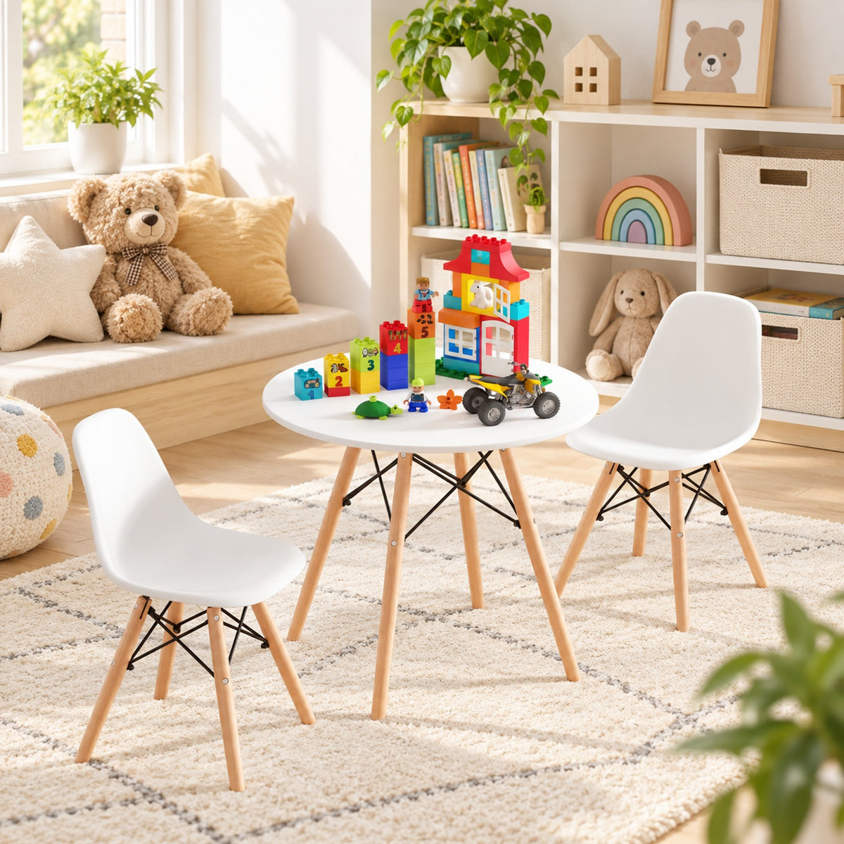 Airfind Kids Modern Dining Table Set with 2 Armless Chairs, 110 lbs Capacity, MDF PP beech wood and iron Frame, for 3-12years old, White