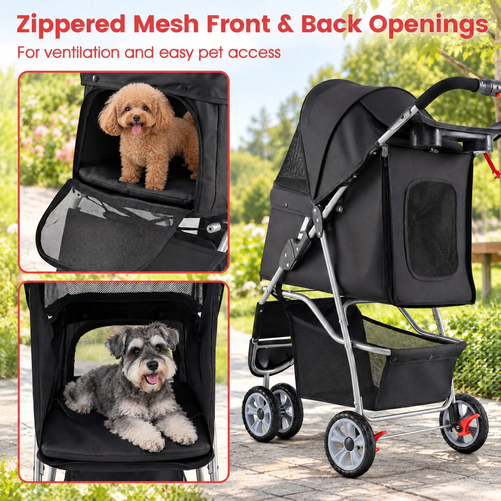 Airfind 3 Wheel Pet Stroller for Small Dogs Cats up to 33 LBS, 33 lbs Capacity, 300D Oxford Cloth Metal Mesh Sponge PU PP Frame, Black