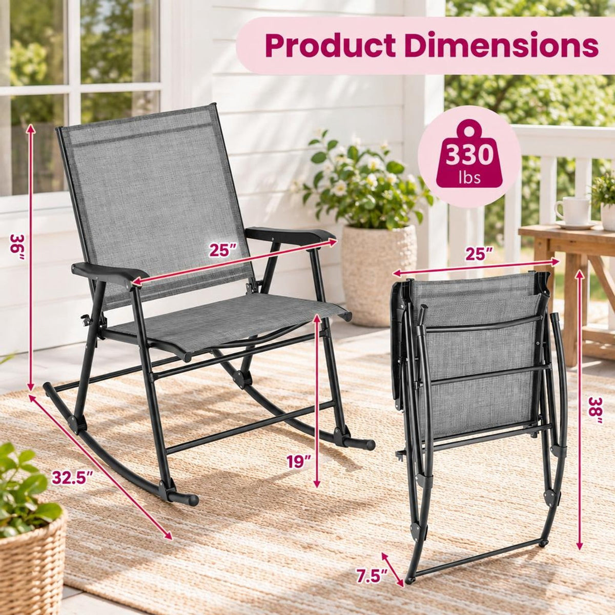Airfind Folding Rocking Chair with Breathable Seat Fabric Set of 2, 330 lbs Capacity, Fabric Metal Frame, 32.5 x 25 x 36 Footprint, Gray