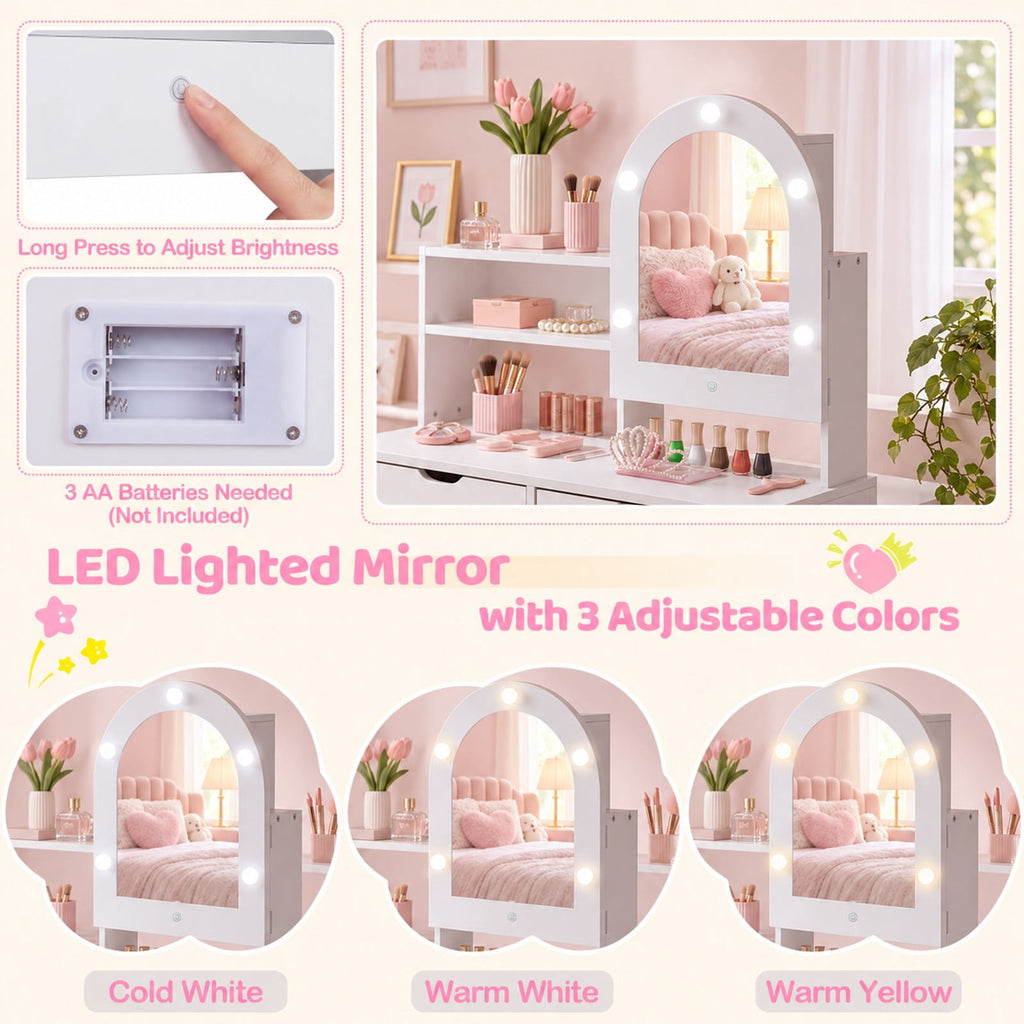 Airfind Kids Vanity Set Pretend Play Dressing Table Set with 3-Color Lighting Modes and Mirror Cabinet, 44 lbs Capacity, MDF Frame, White