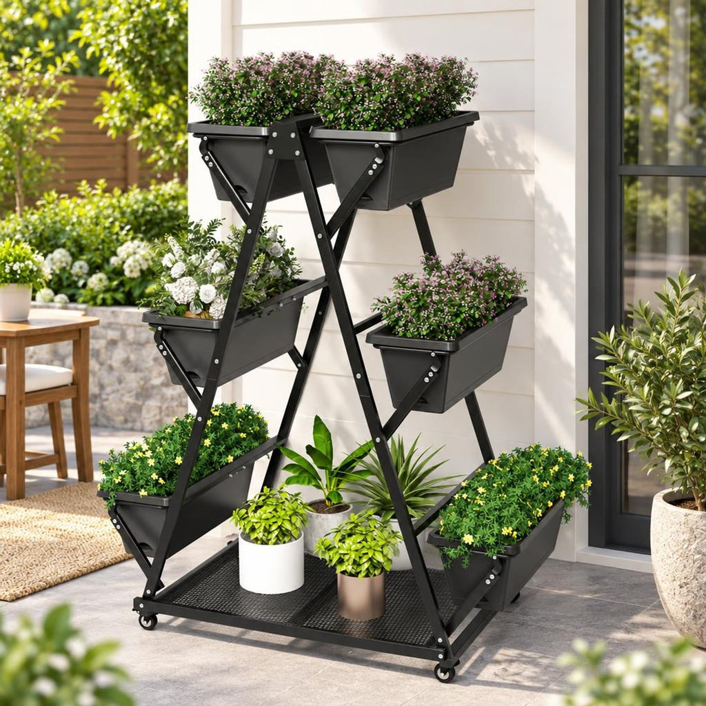 Airfind 3-Tier Vertical Raised Garden Bed with 4 Wheels and 6 Container Boxes, Carbon Steel PP Metal Frame, 38 x 23 x 47 Footprint, Black
