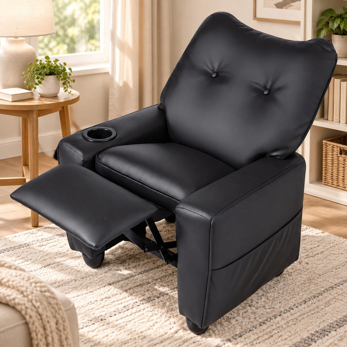 Airfind Youth Recliner featuring Cup Holder Armrests and Adjustable Backrest for Playroom, Wood Frame, 24 Inch x 21 Inch x 30 Inch Lying Footprint, Black