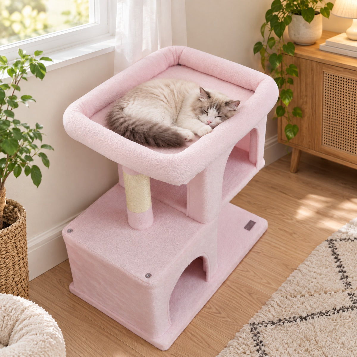 Airfind Modern Cat Tree Space-saving Cat Tower with Upholstered Perch and 2 Cat Condos, 22 lbs Capacity, 24 x 16 x 25.5 Condo Footprint, Pink