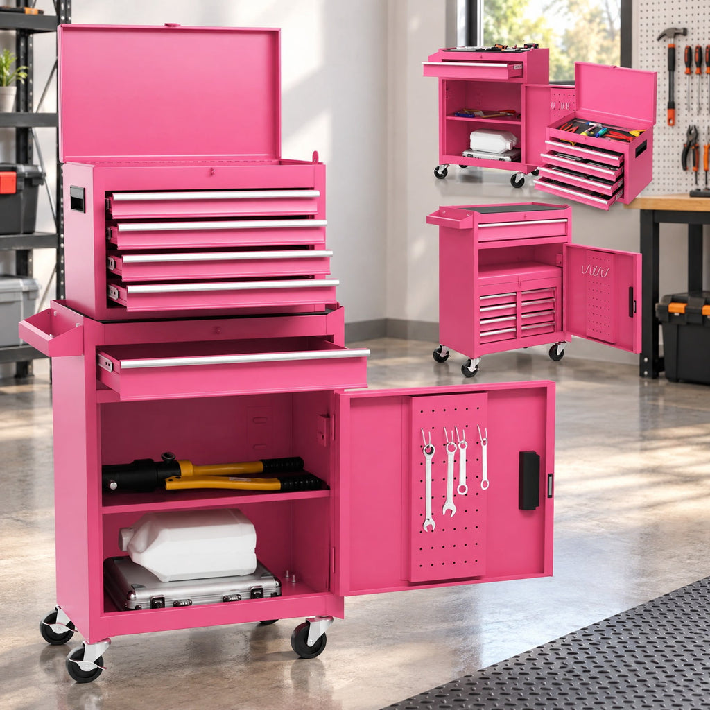 Airfind 2-in-1 Rolling Tool Chest with 5 Sliding Lockable Drawers, 220.5 lbs Capacity, Steel rubber-plastic synthetic Frame, Pink Main