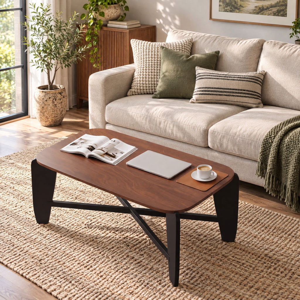 Airfind Modern Coffee Table with Rubber Wood Cross-Leg Base Rectangular Center Table, Walnut, Dimensions 35.5 x 22 x 15Ground Clear