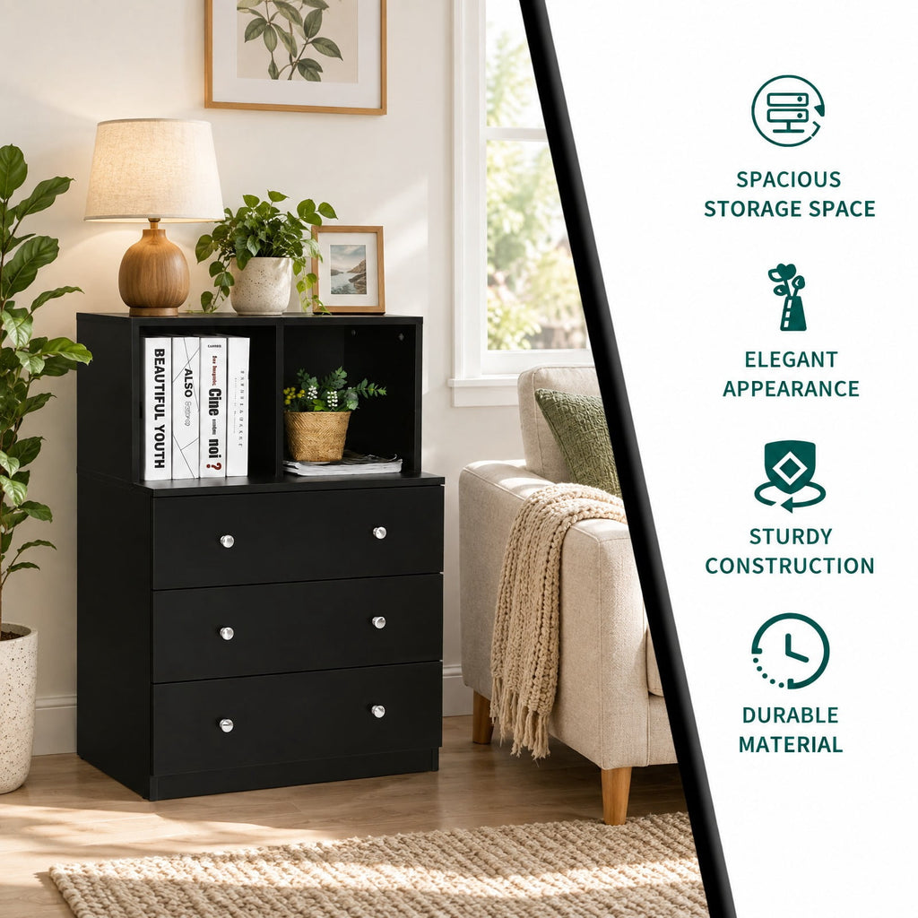 Airfind 3 Drawer Dresser with Cubbies Storage Chest for Bedroom Living Room, Engineered wood metal Frame, 24in x 16in x 37in Footprint, Black