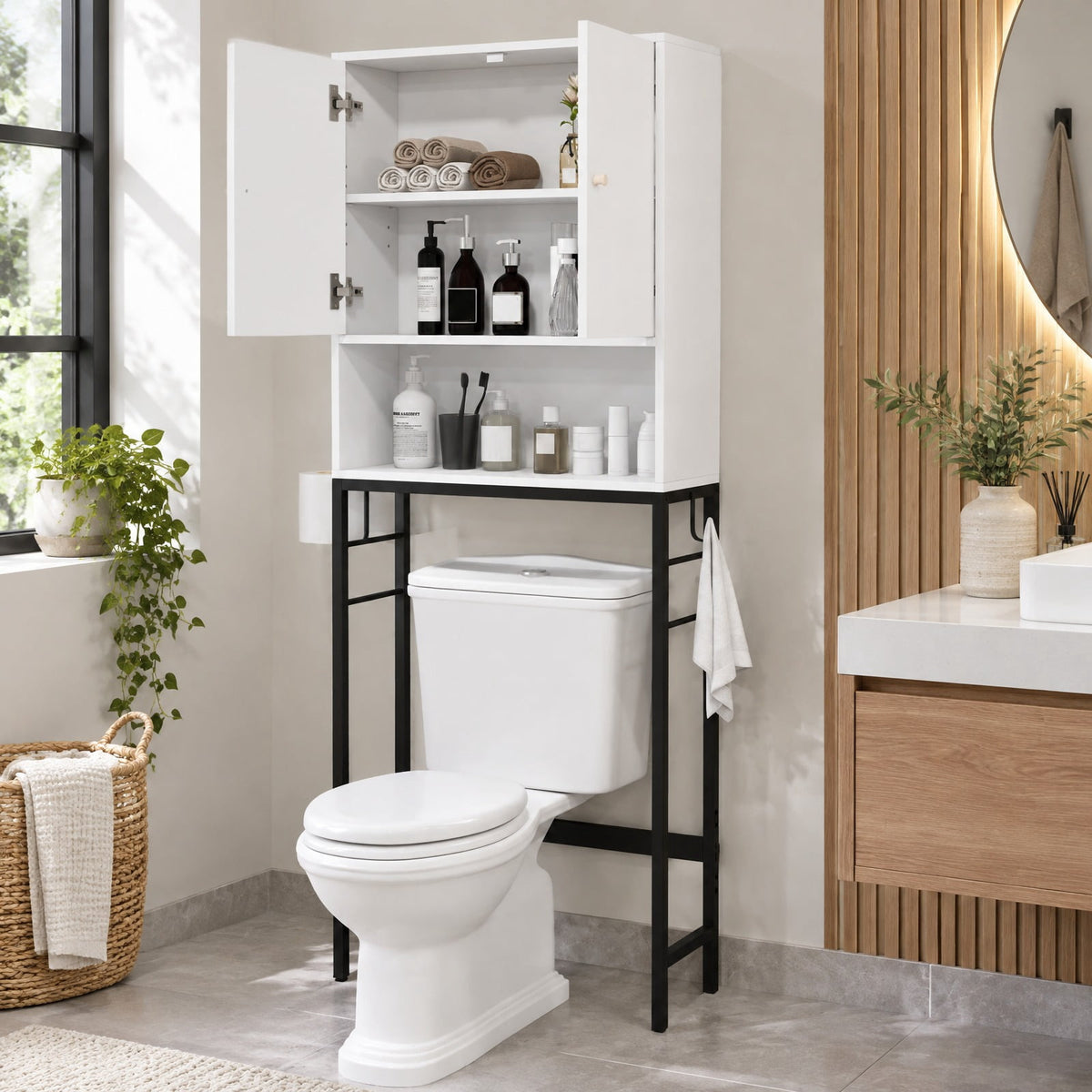 Airfind Over The Toilet Storage Cabinet, with 2 Doors and Adjustable Shelf, ?Metal Particle Board Item weight: 38.5 lbs Frame, White