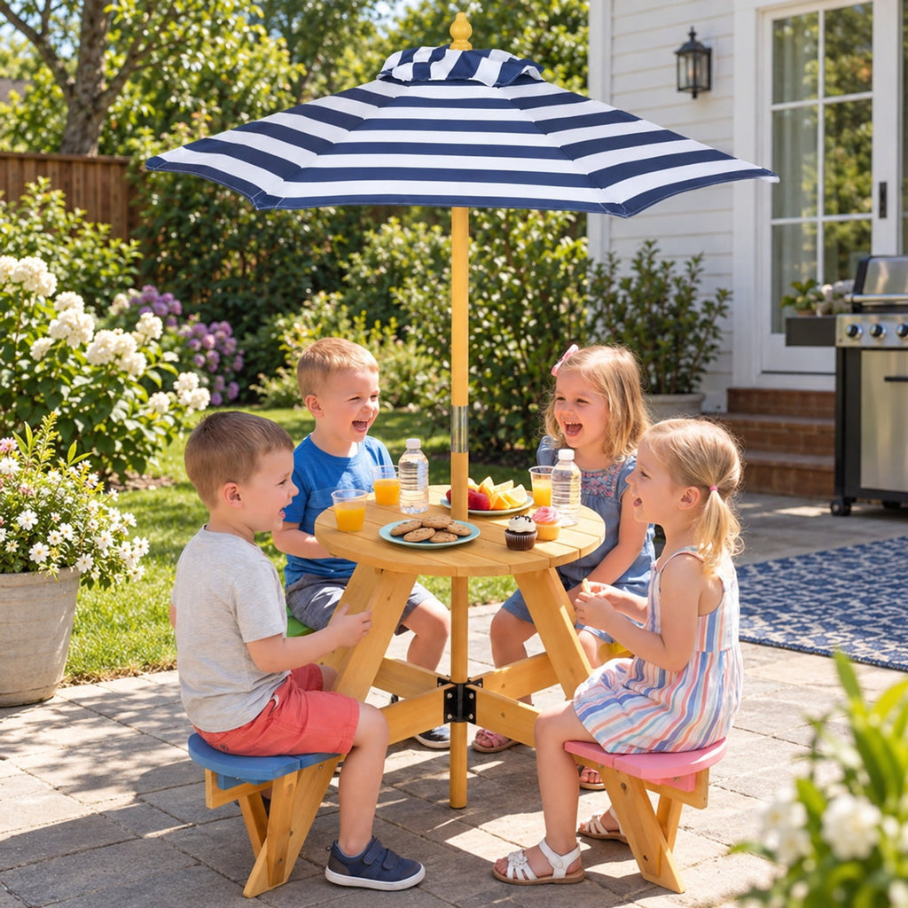 Airfind Kids Picnic Table with Stools and Foldable Adjustable Umbrella for Backyard and Patio, 165 lbs Capacity, Polyester Fabric Frame, Blue