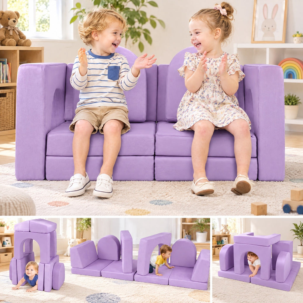 AIRFIND Kids Play Couch 8-Piece Modular Foam Sofa with Cushions, Arches and Half Moons, Removable Washable Suede Fabric Covers, Purple