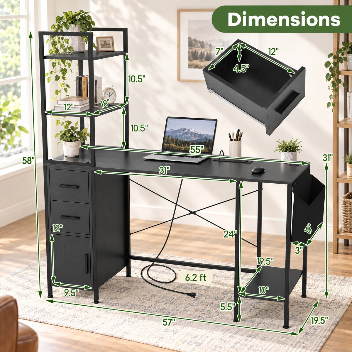 Airfind Office Desk with LED Lights and Power Outlets Computer Desk with Open Shelves, 200 lbs Capacity, Engineered Wood Metal Fabric Frame, Black