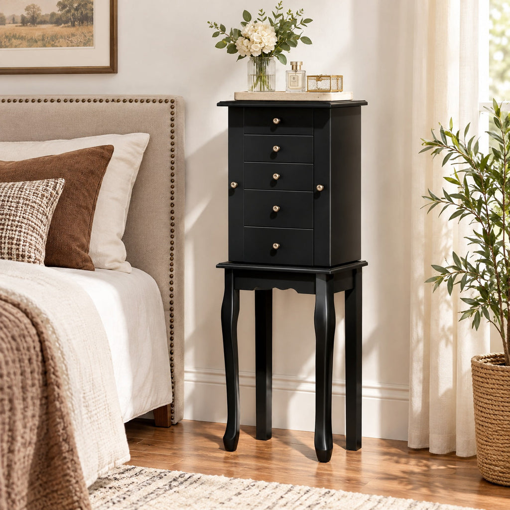 Airfind 2 Colors Armoire Storage Standing Jewelry Cabinet with Mirror, MDF Glass Frame, 12.5 x 8.5 x 34 Footprint, Black