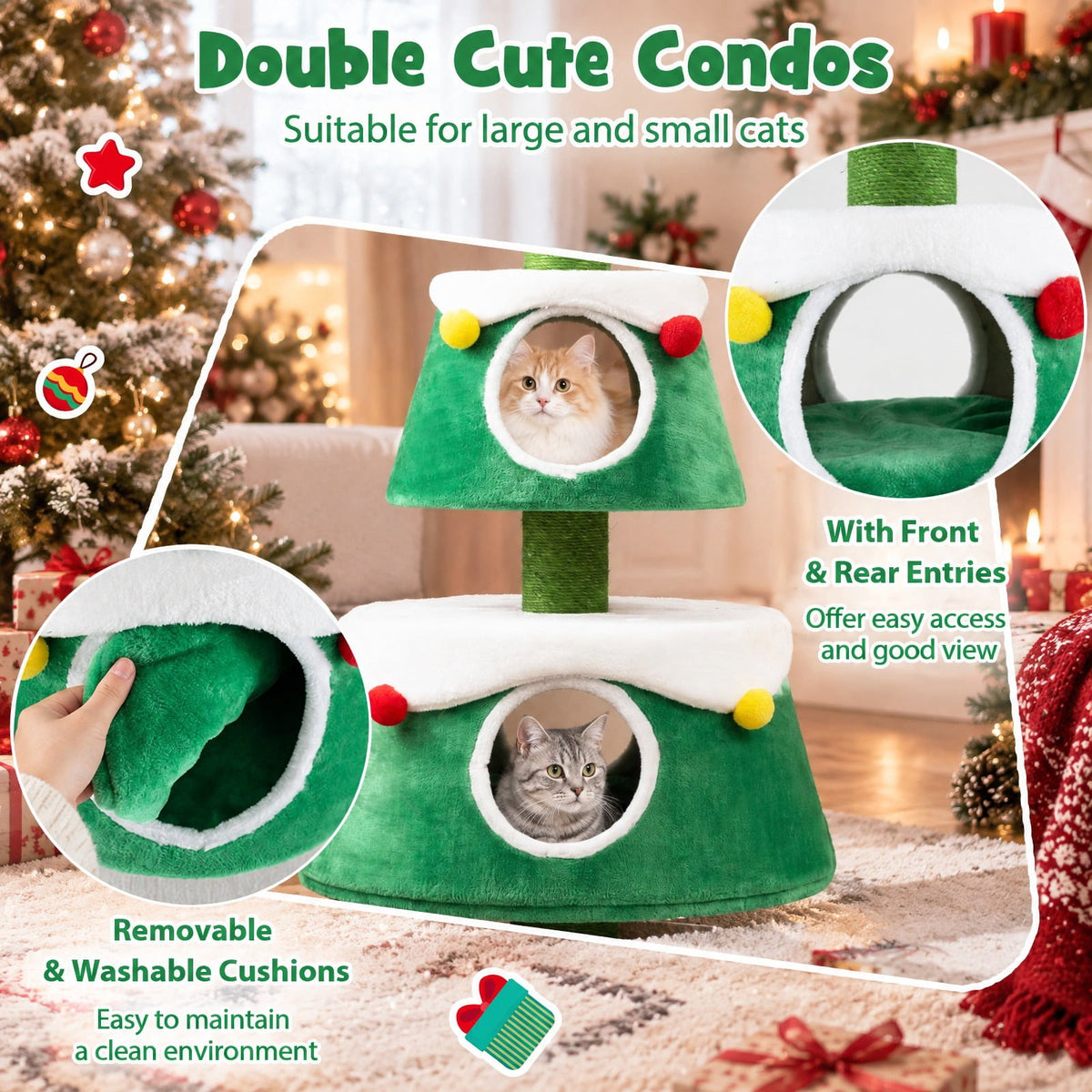 Airfind Christmas Cat Tree for Indoor Cats Cute Holiday Cat Tower with 2 Condos, 33 lbs Capacity, Green