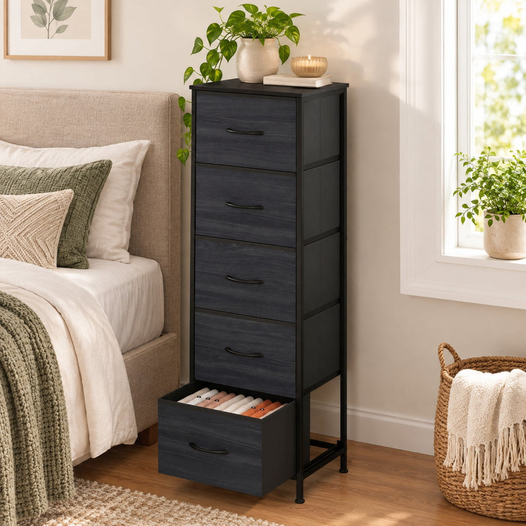 Airfind Dresser Nightstand with 5 Roomy Fabric Drawers for Bedroom, 130 lbs Capacity, Metal Engineered Wood Non-Woven Fabric Frame, Black