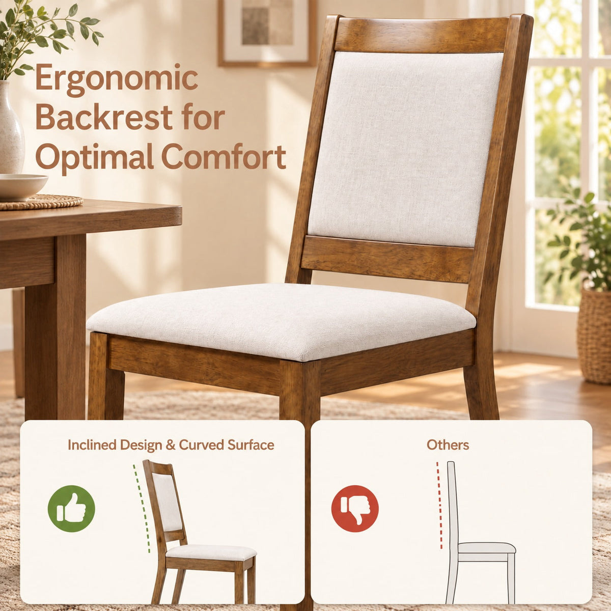 Airfind Modern Dining Upholstered Kitchen Chair Set of 2 with Padded Backrest, 330 lbs Capacity, Rubber Wood Fabric Frame, Brown