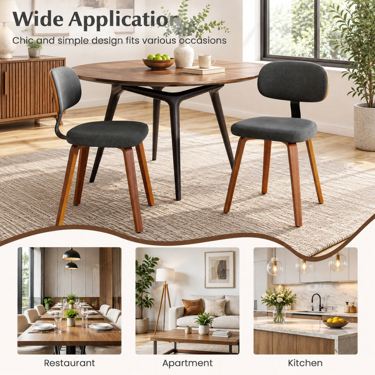 Airfind Chenille Fabric Upholstered Wooden Kitchen Chairs Set of 2, 330 lbs Capacity, Chenille Sponge Bentwood Metal Frame, Dark Gray