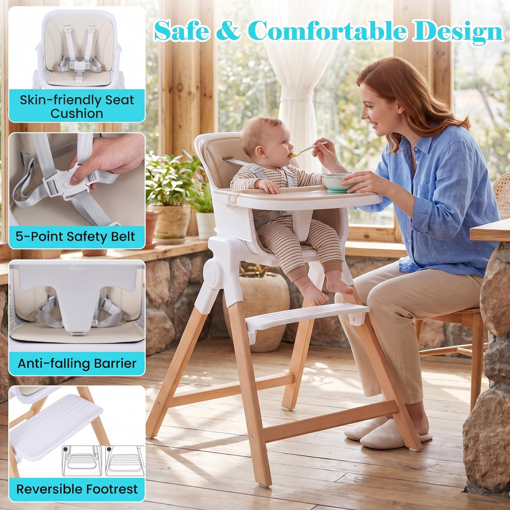 Airfind 4-in-1 Convertible Baby High Chair with Detachable Adjustable Tray, Beech, Model AD10112BE