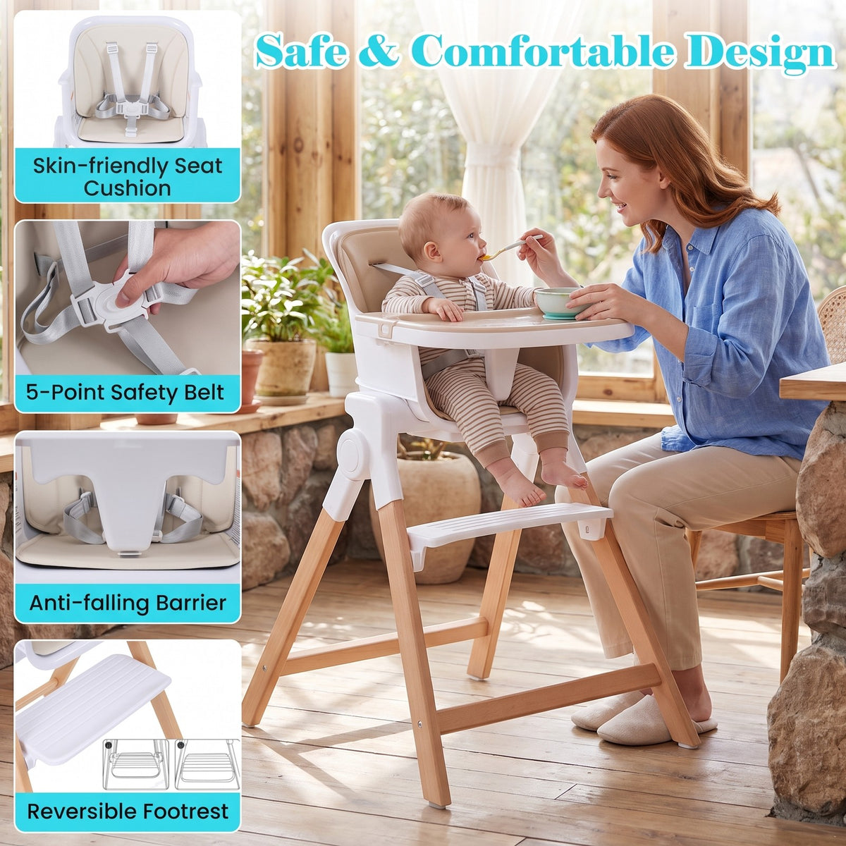 Airfind 4-in-1 Convertible Baby High Chair with Detachable Adjustable Tray, Beech, Model AD10112BE