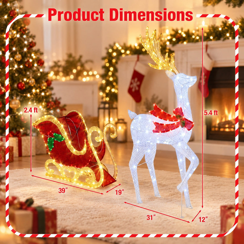 Airfind LED Lighted Christmas Reindeer and Santas Sleigh, Mesh Fabric PVC Metal Frame, 31in x 12in x 5.4 ft Footprint, White Red Green
