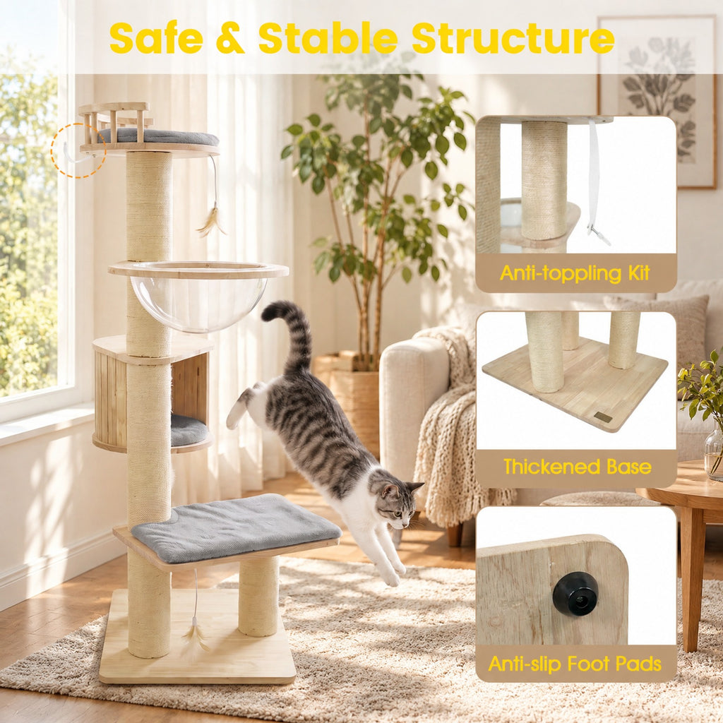 Airfind Cat Tree for Indoor Kittens with Top Perch Condo Space and 3 Hanging Feather Toys, Gray, 4 Inch sisal scratching posts for cats to claw