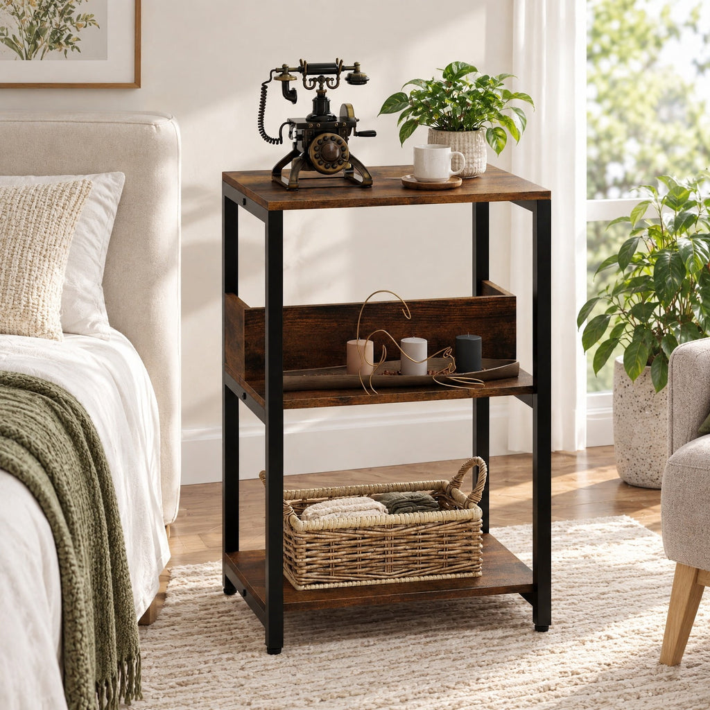 Airfind Side End Table with Charging Station and Open Shelves, 66 lbs Capacity, Engineered Wood Metal Frame, 16 x 12 x 24 Footprint, Brown