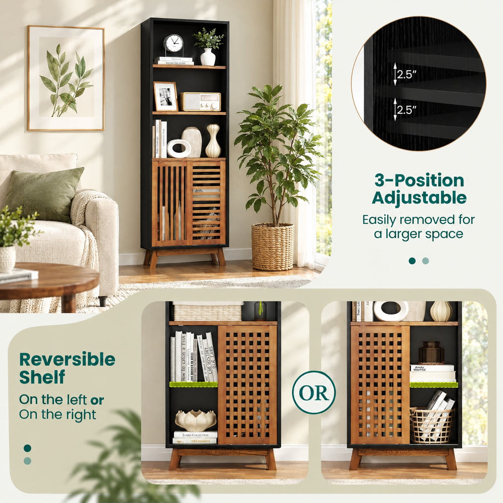 Airfind 70 Inch 5-Tier Bookshelf with Reversible Adjustable Shelf, 44 lbs Capacity, Solid Wood MDF Engineered Wood Aluminum Alloy Frame, Black