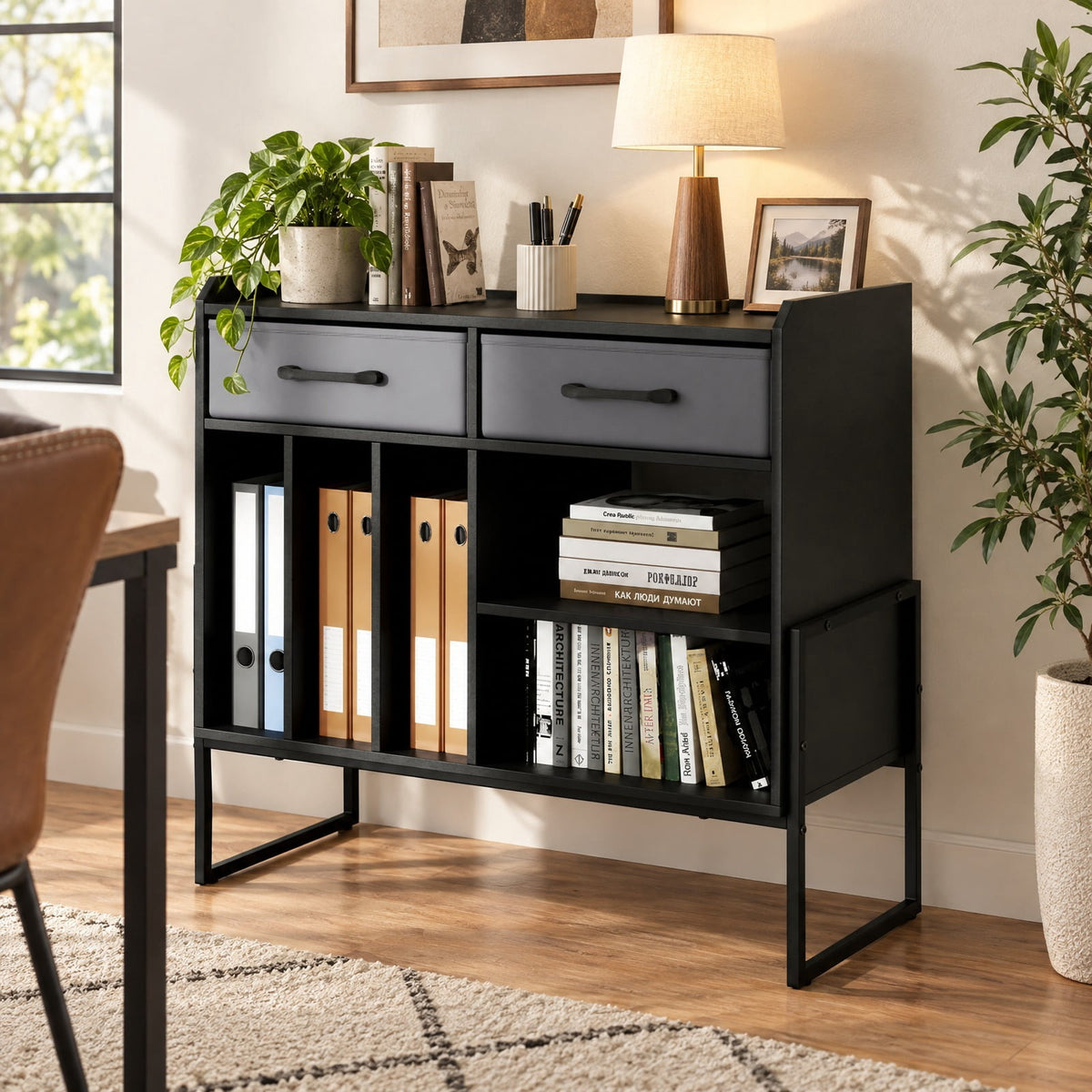Airfind Large Record Player Stand with Charging Station Mid Century Modern Vinyl Storage Cabinet, 209 lbs Capacity, 30in x 14in x 27in Inside Footprint