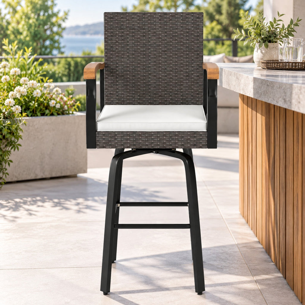 Airfind One Outdoor 360° Swivel Bar Stool with Cushion and Acacia Wood Armrests, 400 lbs Capacity, Wood