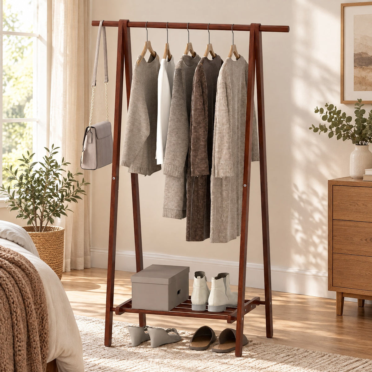 Airfind Folding Rubber Wood Clothes Hanging Rack Standing Garment Rack with Bottom Storage Shelf, 33 lbs Capacity, Rubber Wood Unfolding Frame