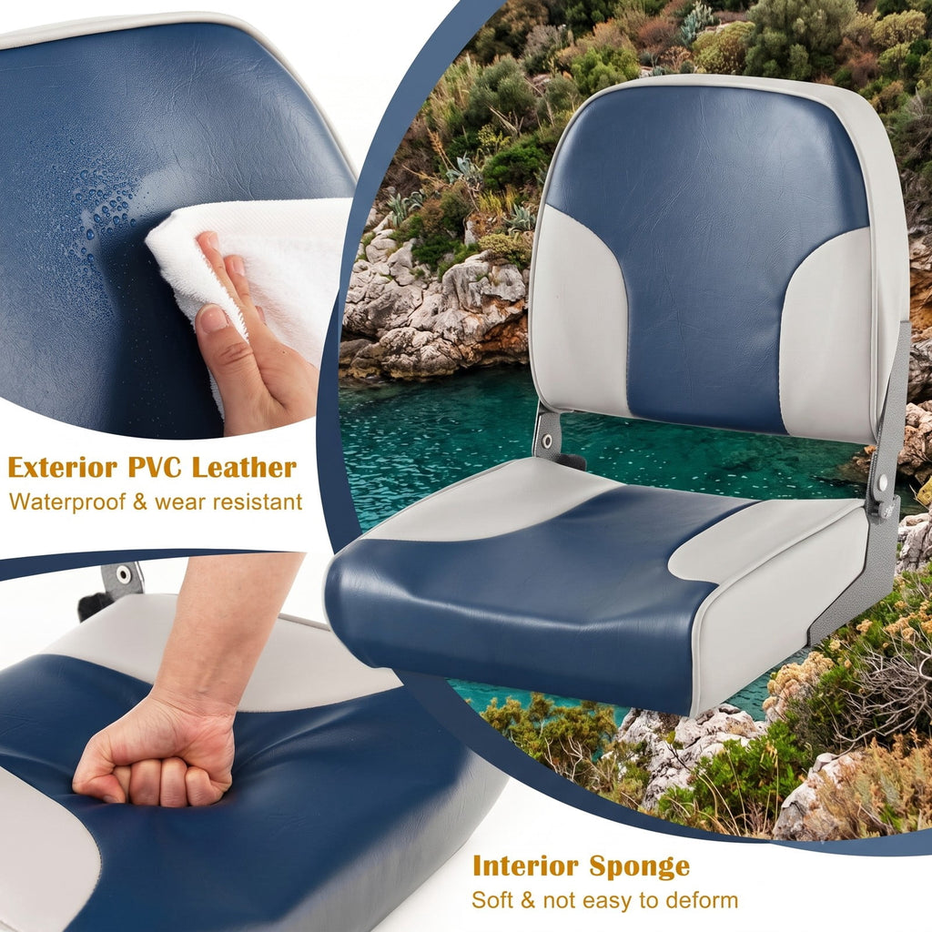 Airfind Low Back Folding Boat Seats Set of 2 with Thick Sponge Padding and Aluminum Hinges for Fishing and Pontoon Boats, Blue and Gray