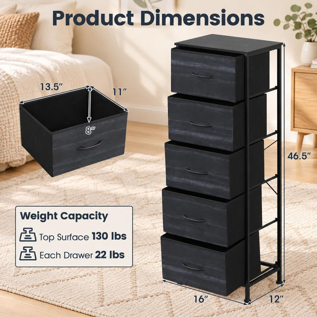 Airfind Dresser Nightstand with 5 Roomy Fabric Drawers for Bedroom, 130 lbs Capacity, Metal Engineered Wood Non-Woven Fabric Frame, Black