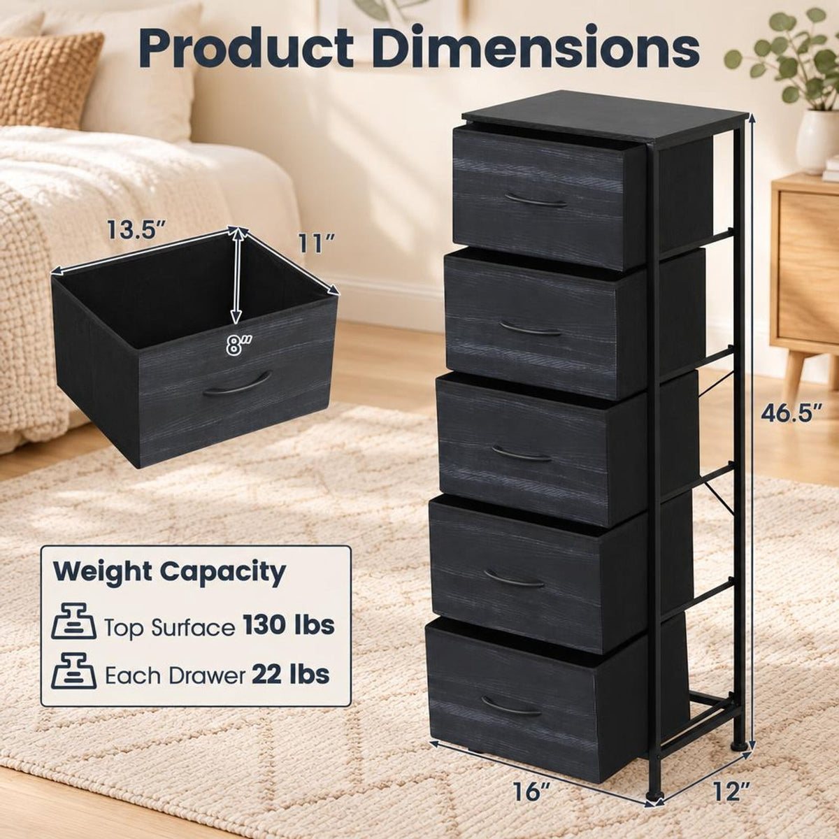 Airfind Dresser Nightstand with 5 Roomy Fabric Drawers for Bedroom, 130 lbs Capacity, Metal Engineered Wood Non-Woven Fabric Frame, Black