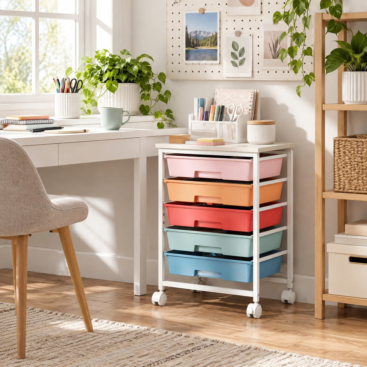 Airfind 5-Drawer Rolling Cart with Wooden Tabletop and Metal for Craft Room, 33 lbs Capacity, Metal PP Engineered Wood for Home, Patio and Everyday