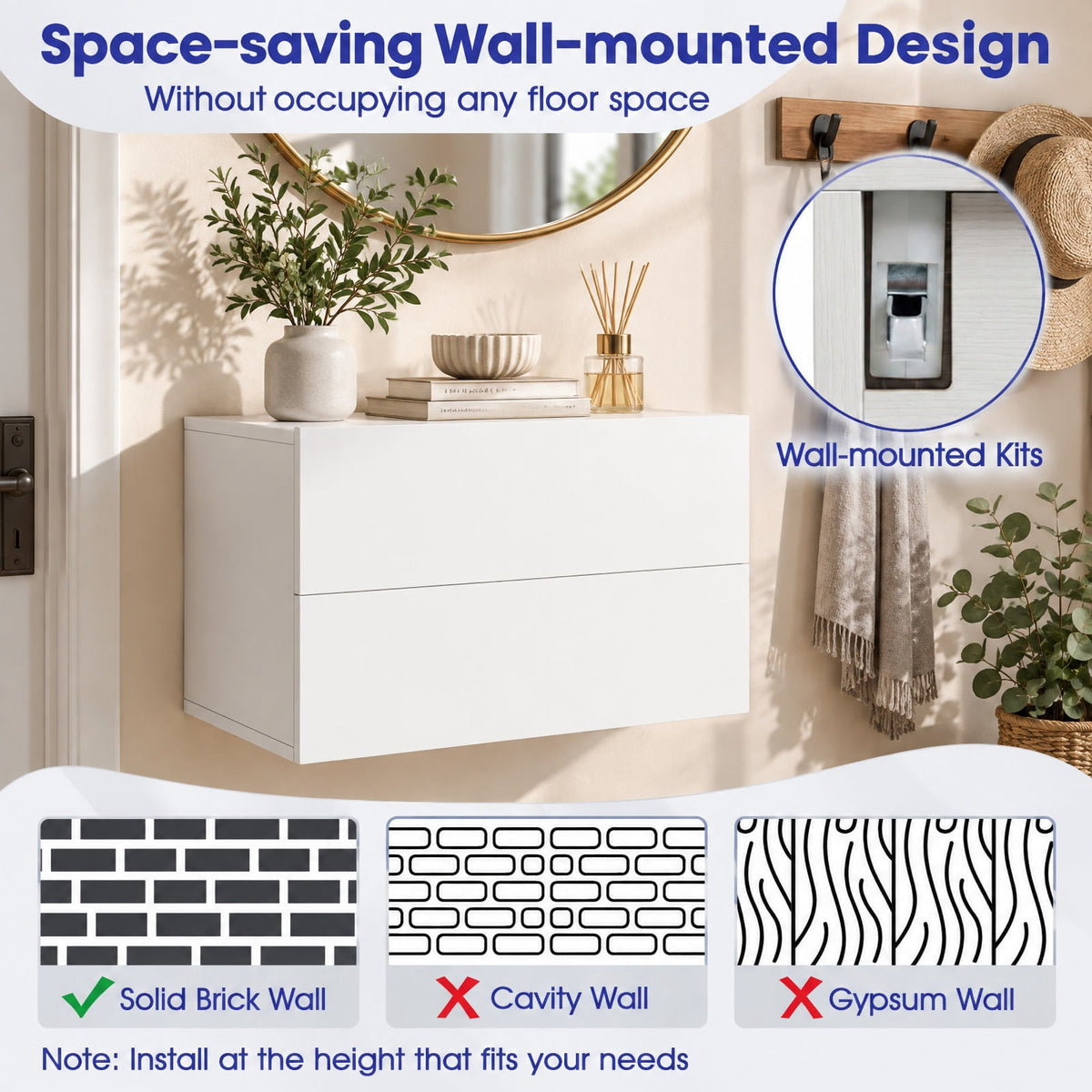 Airfind Floating Nightstand with 2 Storage Drawers Wall Mounted for Bedroom, White, Wide tabletop and 2 drawers keep bedtime essentials within reach