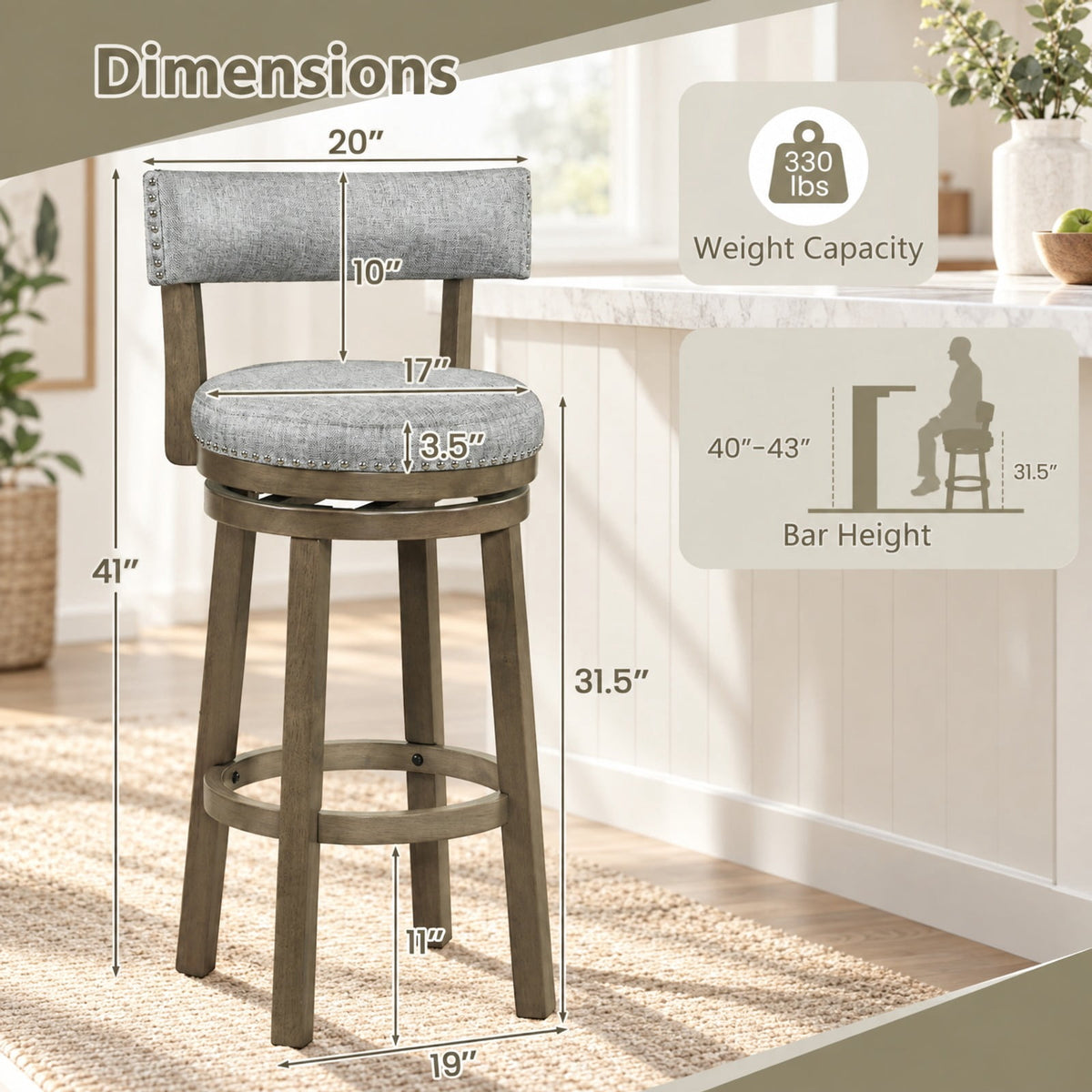 Airfind Swivel Bar Stools Set of 2 Linen Fabric Upholstered Barstools with Back-31.5 Inches, 330 lbs Capacity, Rubber Wood Linen Fabric Sponge Frame
