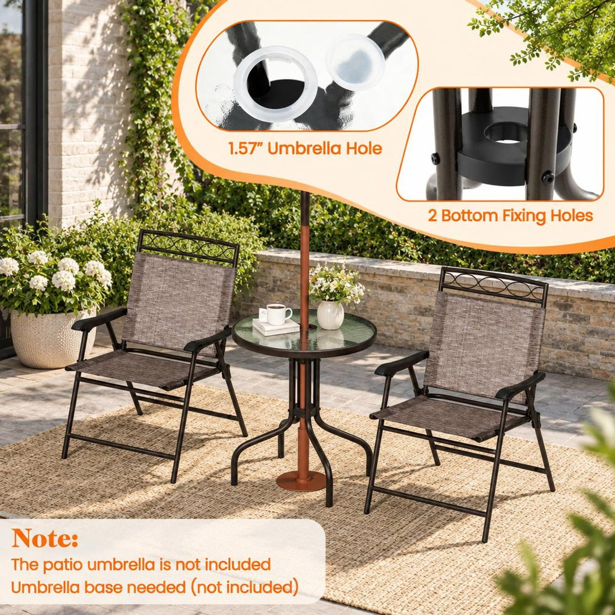 Airfind 3 Pieces Outdoor Bistro Dining Furniture Set with 1.57 Inch Umbrella Hole, 135 lbs Capacity, Fabric Metal Tempered Glass Frame