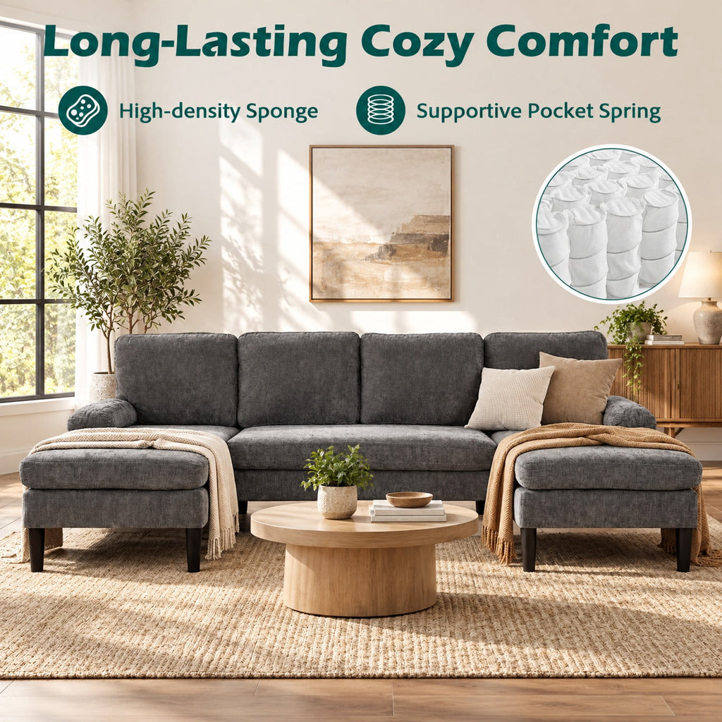 Airfind U-shaped Sectional Couch with Double Chaise for Living Room, 1000 Lbs Capacity, 101.5 Inch X 49.5 Inch X 28.5 Inch with Corduroy Fabric Sponge PP, Gray