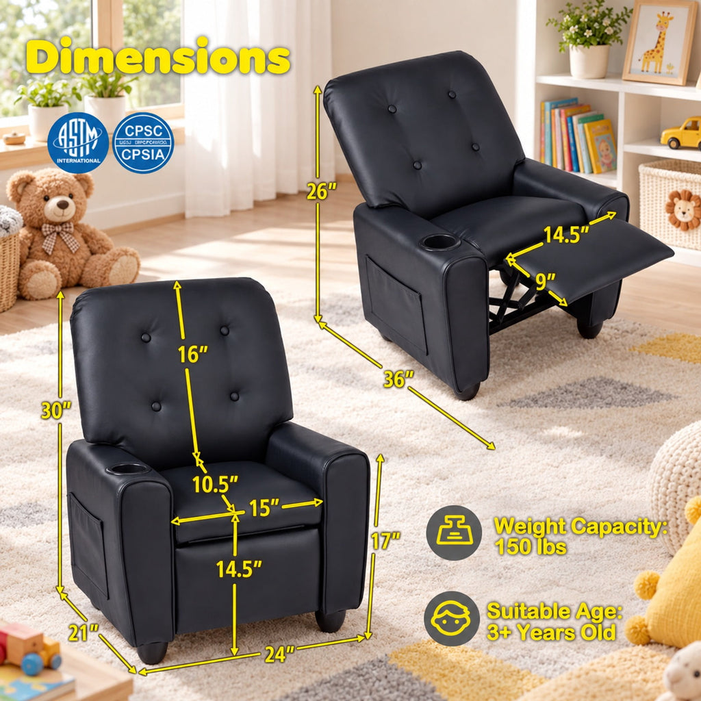 Airfind Youth Recliner Chair with Cup Holder, Side Pocket and Push-Back Footrest, PU Upholstery with Wood, Foam, PU Upholstery, and Metal, Black