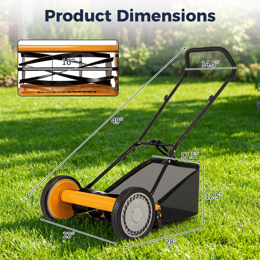 Airfind 16 Inch Push Lawn Mower with 5 Steel Blades and Grass Catcher Bag, Manganese Steel Metal PVC PP Frame, Orange