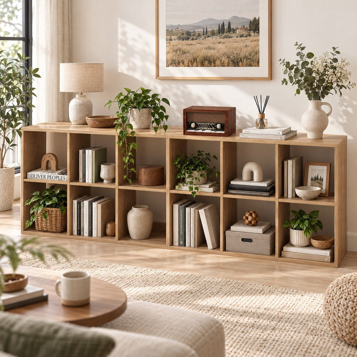 Airfind 6 Cube Bookshelf with Back Guardrail for Living Room Bedroom, 154 lbs Capacity, Engineered Wood Frame, 41 Inch x 13 Inch x 27.5 Inch Footprint, Natural