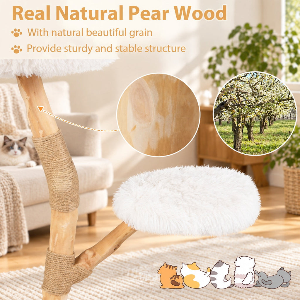 Airfind Modern Wooden Cat Tree Tower with Perch and Natural Jute Scratching Posts, 66 Lbs Capacity, Pear Wood Jute Long Plush Fabric, White